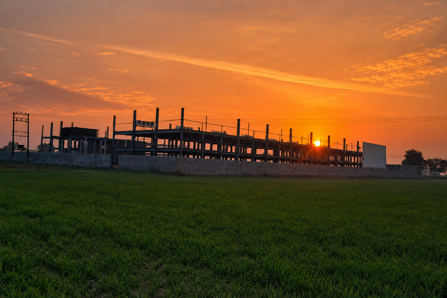 Cold store building at sunset